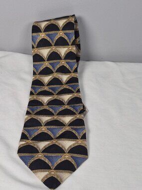 CONTE di MILANO Men's 100% Italian Silk Woven Geometric Tie Blue Gold Arch Long
